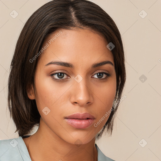 Neutral white young-adult female with medium  brown hair and brown eyes