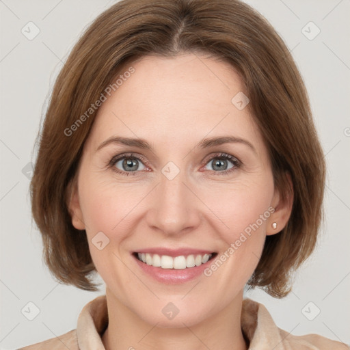 Joyful white young-adult female with medium  brown hair and green eyes