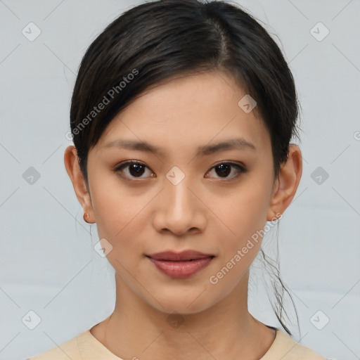 Joyful asian young-adult female with medium  brown hair and brown eyes