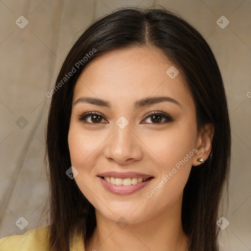 Joyful white young-adult female with long  brown hair and brown eyes