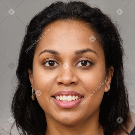 Joyful latino young-adult female with long  brown hair and brown eyes