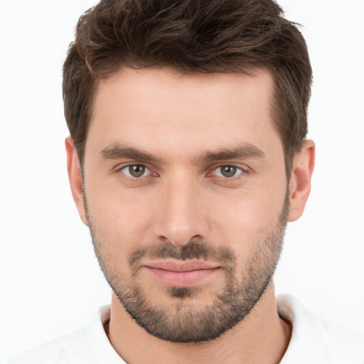 Neutral white young-adult male with short  brown hair and brown eyes