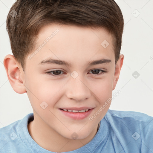 Joyful white child male with short  brown hair and brown eyes