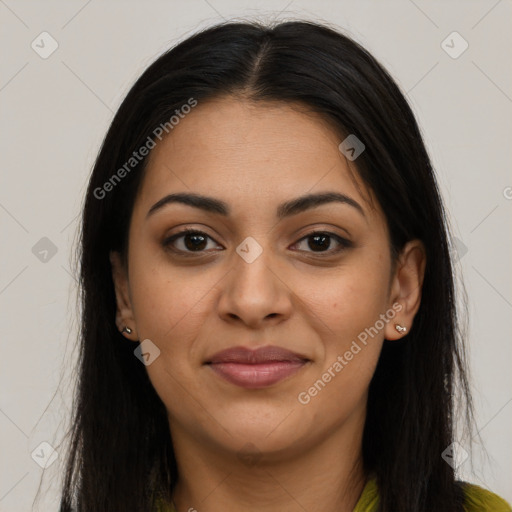 Joyful latino young-adult female with long  brown hair and brown eyes