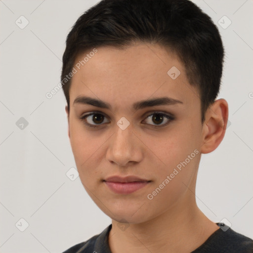 Joyful white young-adult female with short  brown hair and brown eyes