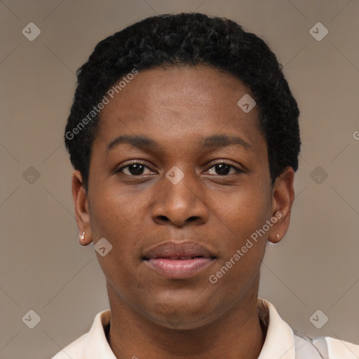Neutral latino young-adult female with short  black hair and brown eyes