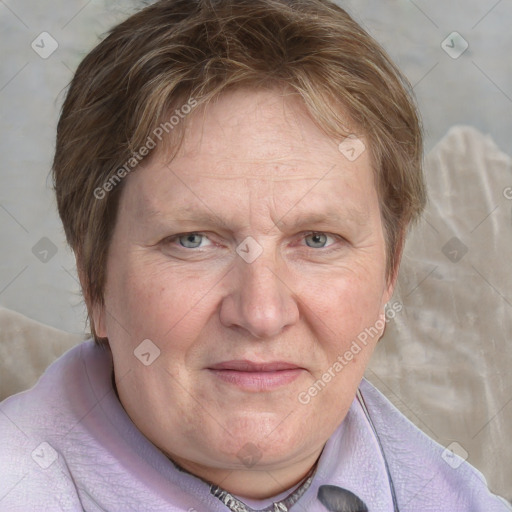 Joyful white adult female with medium  brown hair and blue eyes