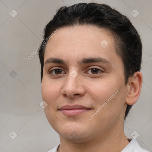 Joyful white young-adult female with short  brown hair and brown eyes