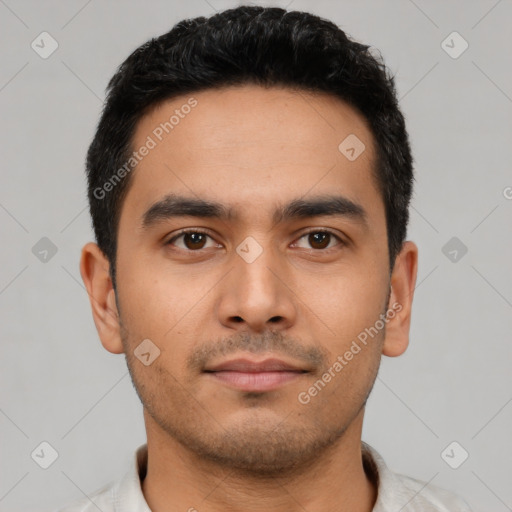 Neutral latino young-adult male with short  black hair and brown eyes