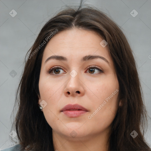 Neutral white young-adult female with medium  brown hair and brown eyes