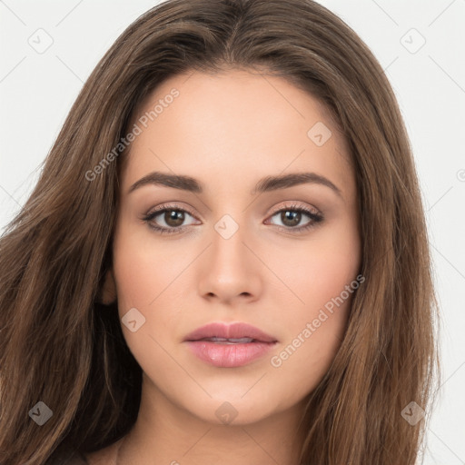 Neutral white young-adult female with long  brown hair and brown eyes