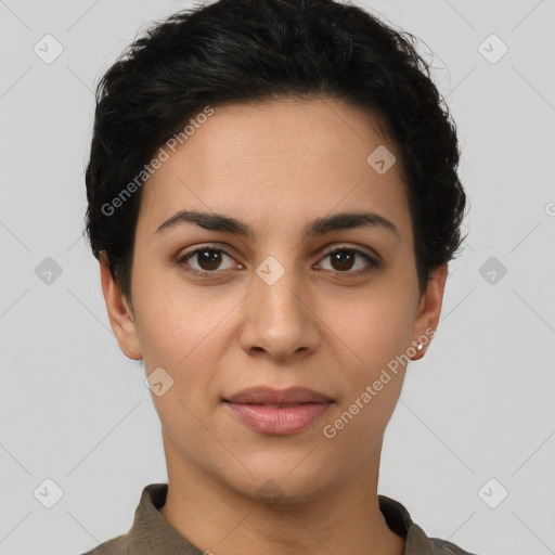 Joyful latino young-adult female with short  brown hair and brown eyes