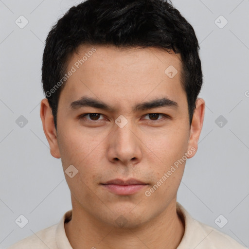 Neutral latino young-adult male with short  black hair and brown eyes