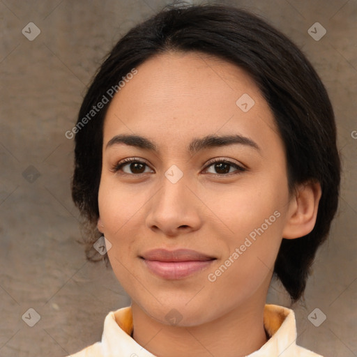 Joyful asian young-adult female with medium  brown hair and brown eyes