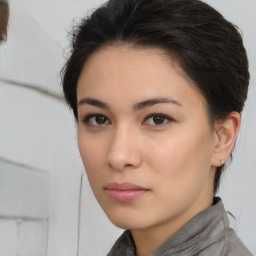 Neutral white young-adult female with short  brown hair and brown eyes