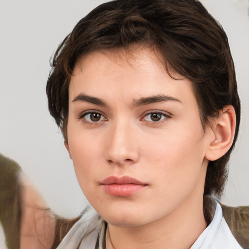 Neutral white young-adult female with medium  brown hair and brown eyes