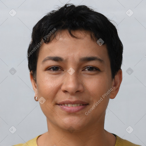 Joyful latino young-adult female with short  brown hair and brown eyes