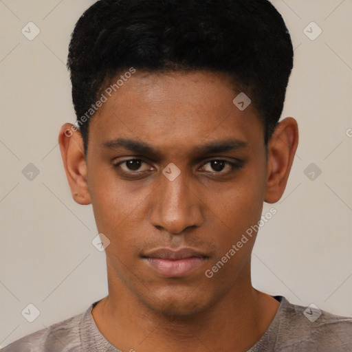 Neutral white young-adult male with short  black hair and brown eyes