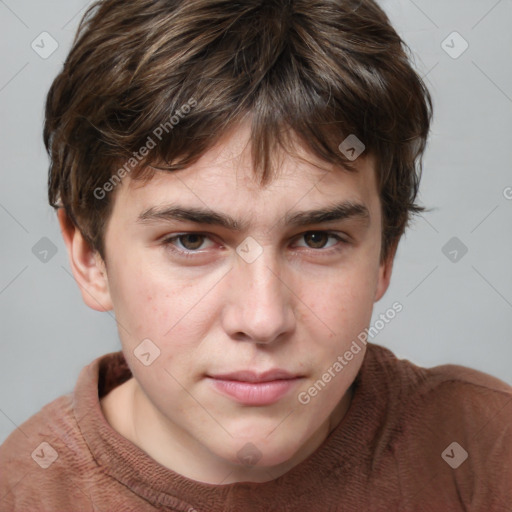 Neutral white young-adult male with short  brown hair and grey eyes