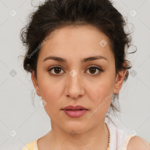 Neutral white young-adult female with short  brown hair and brown eyes