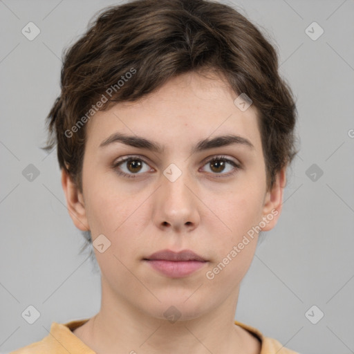 Neutral white young-adult female with short  brown hair and brown eyes