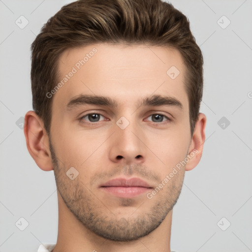 Neutral white young-adult male with short  brown hair and brown eyes