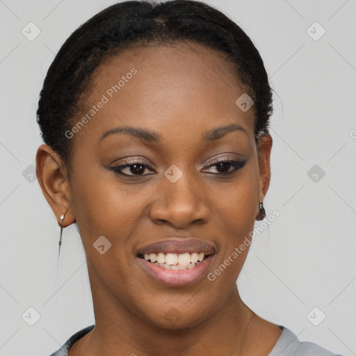 Joyful latino young-adult female with short  brown hair and brown eyes