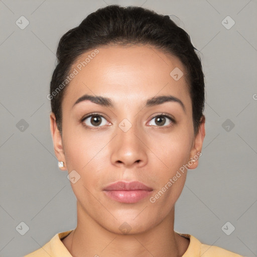 Neutral white young-adult female with short  brown hair and brown eyes