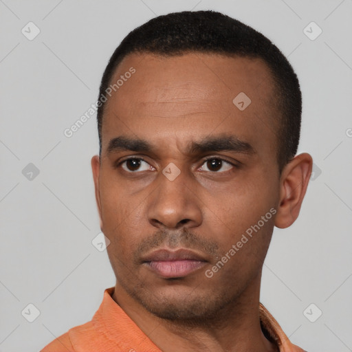 Neutral black young-adult male with short  black hair and brown eyes