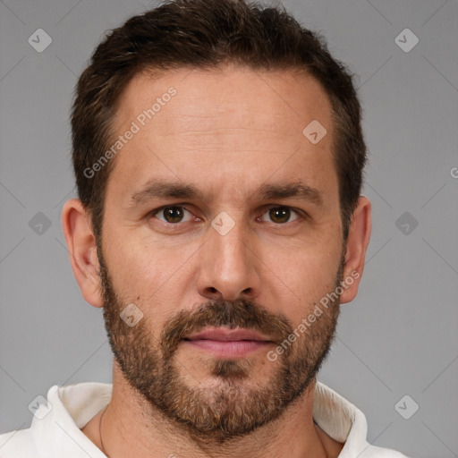 Neutral white adult male with short  brown hair and brown eyes