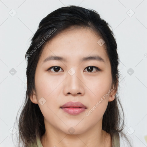 Neutral asian young-adult female with medium  black hair and brown eyes