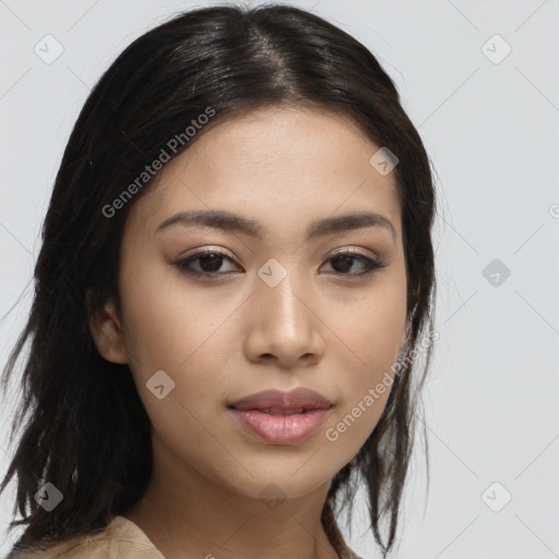 Joyful asian young-adult female with long  black hair and brown eyes