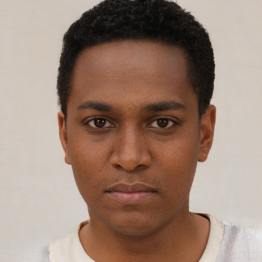 Neutral black young-adult male with short  black hair and brown eyes