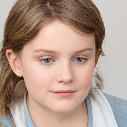 Joyful white child female with medium  brown hair and blue eyes