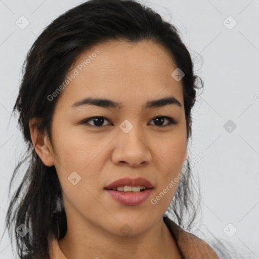 Joyful latino young-adult female with medium  brown hair and brown eyes