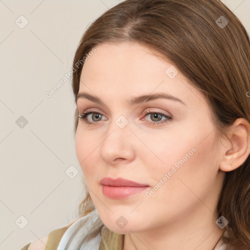 Neutral white young-adult female with medium  brown hair and brown eyes