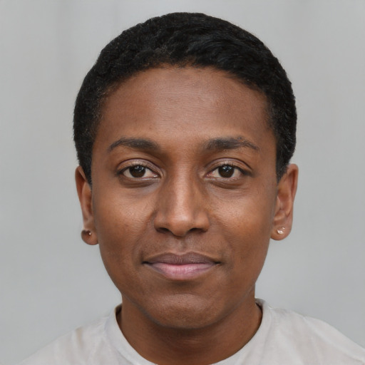 Neutral black young-adult male with short  black hair and brown eyes