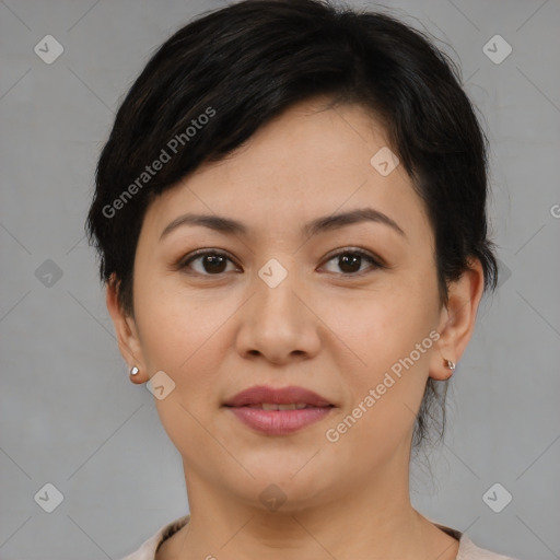 Joyful white young-adult female with medium  brown hair and brown eyes