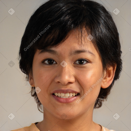 Joyful white young-adult female with medium  brown hair and brown eyes