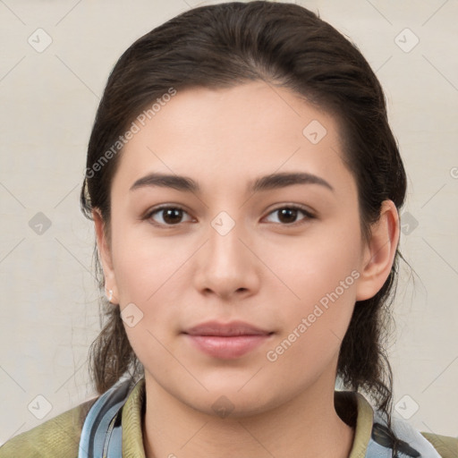 Neutral white young-adult female with medium  brown hair and brown eyes