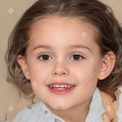 Joyful white child female with medium  brown hair and brown eyes