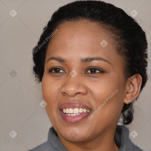 Joyful black young-adult female with medium  black hair and brown eyes