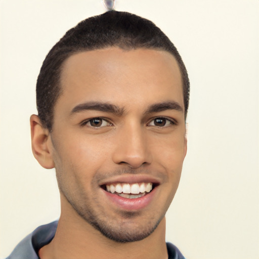 Joyful latino young-adult male with short  brown hair and brown eyes