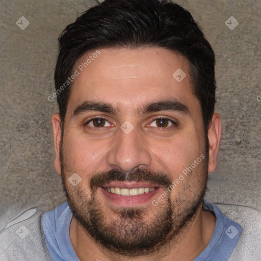 Joyful white young-adult male with short  black hair and brown eyes