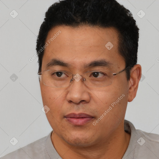 Joyful asian adult male with short  black hair and brown eyes