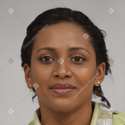 Joyful black young-adult female with short  brown hair and brown eyes