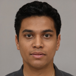 Neutral latino young-adult male with short  black hair and brown eyes