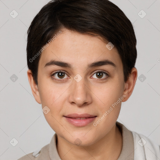 Joyful white young-adult female with short  brown hair and brown eyes