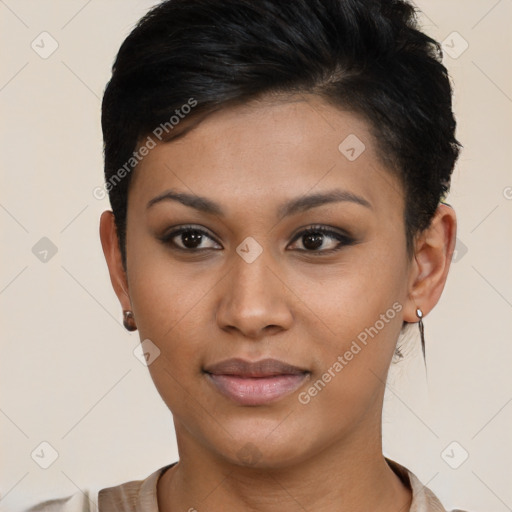 Joyful black young-adult female with short  brown hair and brown eyes