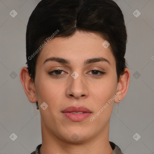 Joyful white young-adult female with short  brown hair and brown eyes